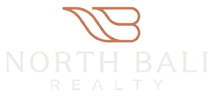 Logo for North Bali Realty with a stylized, abstract orange graphic above the company name in light beige capital letters. The background is white.